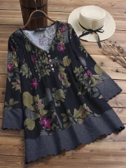 Floral Printed V-neck Long Sleeve Shirt