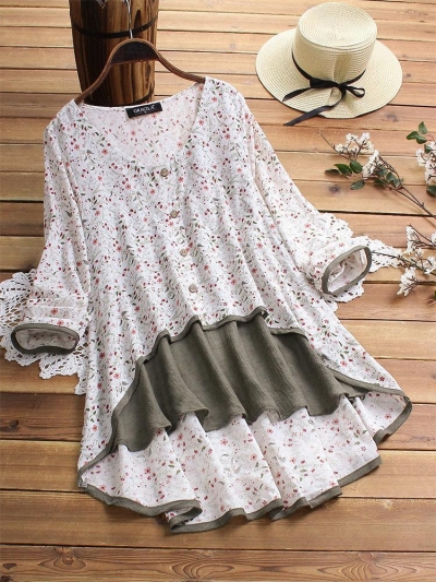 Irregular Floral Print Patchwork Long Sleeve Blouse For Women