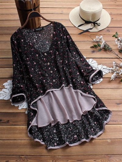 Irregular Floral Print Patchwork Long Sleeve Blouse For Women zecalaba.com