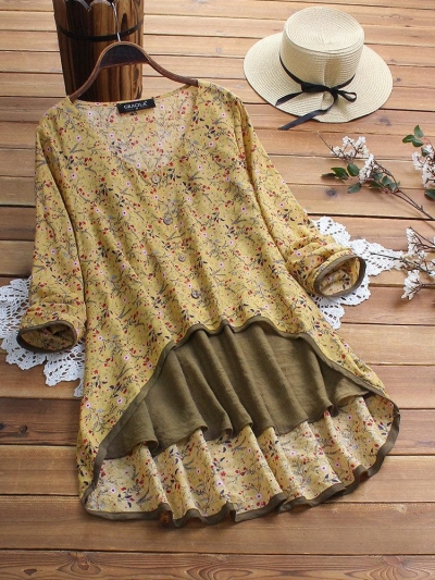 Irregular Floral Print Patchwork Long Sleeve Blouse For Women zecalaba.com