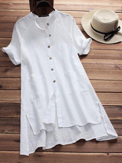 Solid Buttoned Cotton Casual Dress zecalaba.com