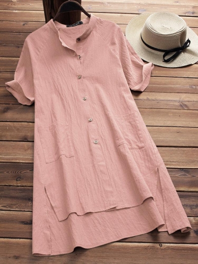 Solid Buttoned Cotton Casual Dress zecalaba.com