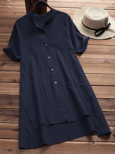 Solid Buttoned Cotton Casual Dress zecalaba.com