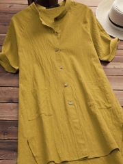 Solid Buttoned Cotton Casual Dress