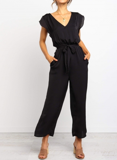 Cap Sleeve Detachable Waist Tie Jumpsuit zecalaba.com