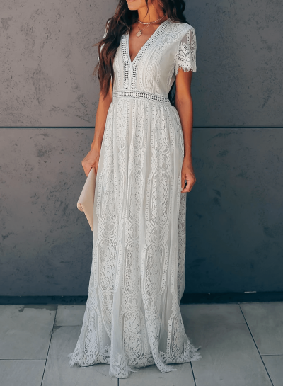 V Neck Short Sleeve Lace Maxi Dress