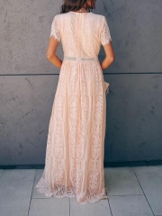 V Neck Short Sleeve Lace Maxi Dress