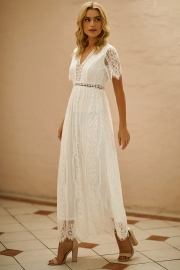 V Neck Short Sleeve Lace Maxi Dress