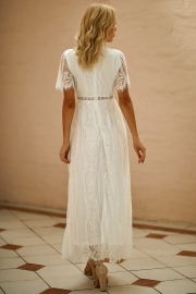 V Neck Short Sleeve Lace Maxi Dress