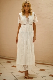 V Neck Short Sleeve Lace Maxi Dress