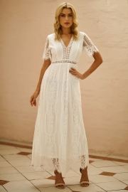 V Neck Short Sleeve Lace Maxi Dress