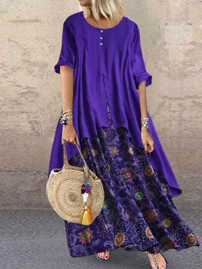 Vintage Print Patchwork Pocket Long Sleeve Plus Size Maxi Dress YOYOTSHOP.com