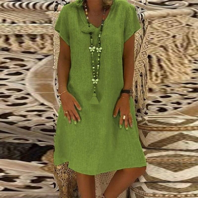 Elegant V Neck Short Sleeve Plain Casual Dress zecalaba.com