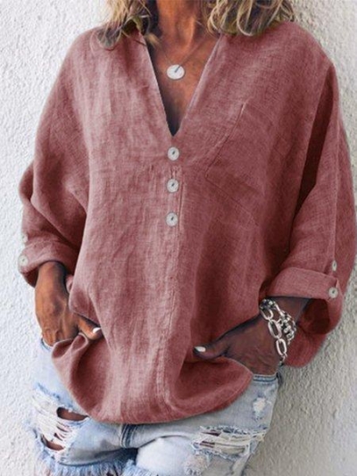 Buttoned V Neck Cotton-Blend Blouse