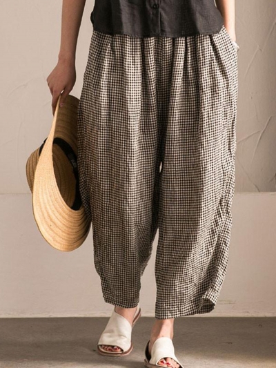 Plus Size Pockets Shift Checkered/Plaid Casual Pants