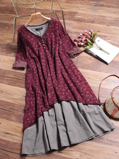 Printed Layered Long Sleeve Vintage Dress