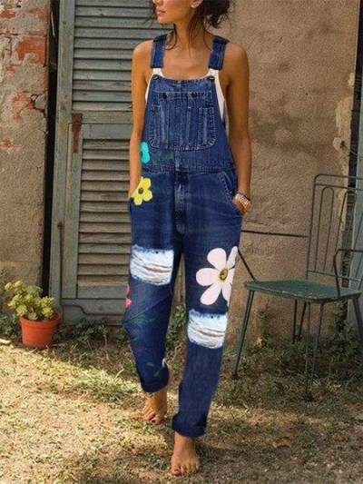 Floral Denim Sleeveless One-Pieces zecalaba.com