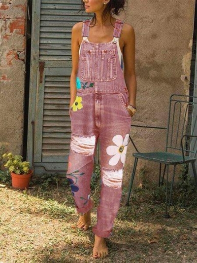 Floral Denim Sleeveless One-Pieces YOYOTSHOP.com