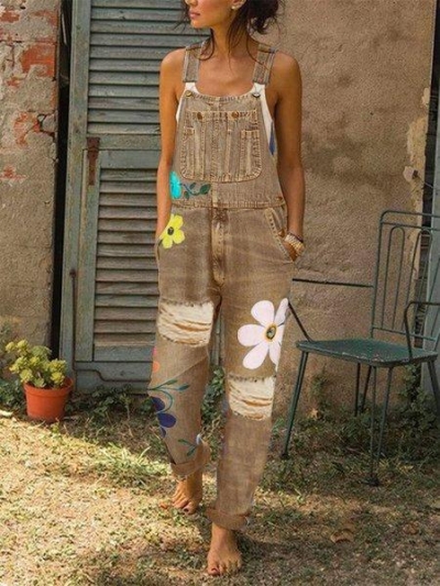 Floral Denim Sleeveless One-Pieces zecalaba.com