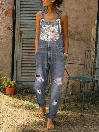 Flora Casual Denim Shredded Jumpsuit zecalaba.com