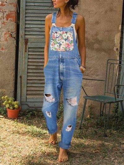 Flora Casual Denim Shredded Jumpsuit zecalaba.com