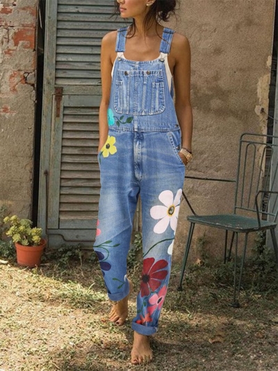 Sleeveless Denim Floral Floral-Print One-Pieces YOYOTSHOP.com