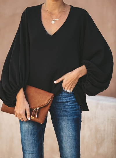 LONG BALLOON SLEEVE BLOUSE - BLACK