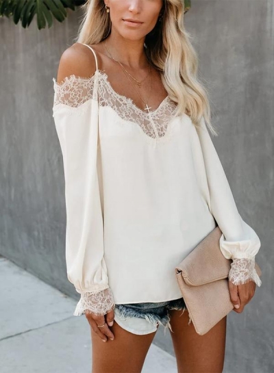 LACE COLD SHOULDER BLOUSE - WHITE zecalaba.com