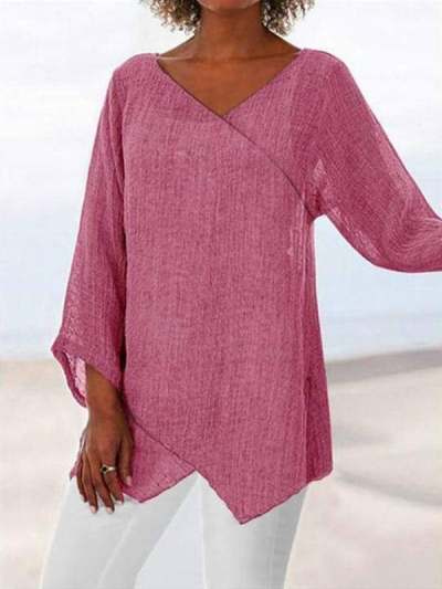 Cotton Blend Casual Slit Long Sleeve Blouse zecalaba.com