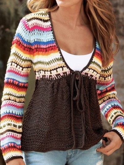 V Neck Tribal Knitted Long Sleeve Sweater zecalaba.com