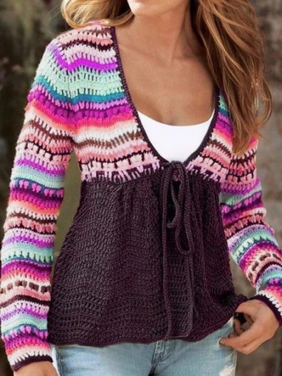 V Neck Tribal Knitted Long Sleeve Sweater zecalaba.com