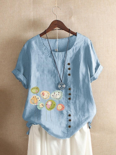 Button Cartoon Floral Print Short Sleeve Casual T-shirt zecalaba.com