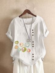 Button Cartoon Floral Print Short Sleeve Casual T-shirt