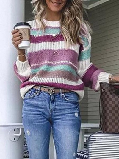 Multicolor Striped Plus Size Long Sleeve Statement Sweater zecalaba.com