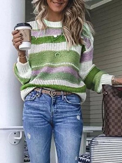 Multicolor Striped Plus Size Long Sleeve Statement Sweater zecalaba.com