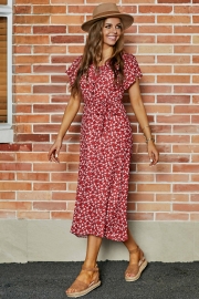 Crimson Short Sleeve V-neck Rayon Floral Maxi Dress