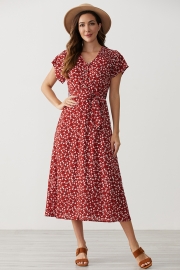 Crimson Short Sleeve V-neck Rayon Floral Maxi Dress