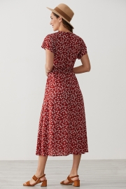 Crimson Short Sleeve V-neck Rayon Floral Maxi Dress