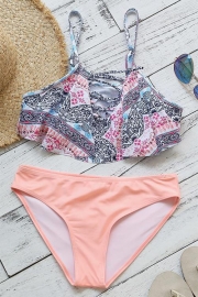 GirlOnStyle Bohemian Lace-up Printing Bikini Set