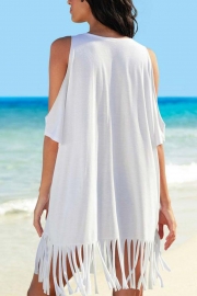 Letter Printed Cold Shoulder Fringed Cover Up