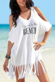 Letter Printed Cold Shoulder Fringed Cover Up