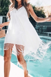 Solid Low Back Fringe Crochet Cover Up