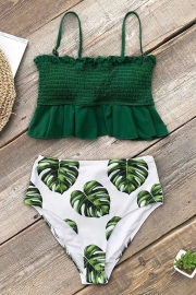 Smocked Green And Monstera High-Waisted Bikini