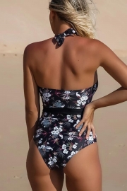 Floral Print Front Laced Halter One Piece Swimwear