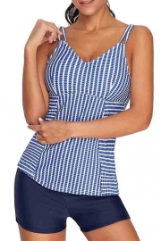 Stripe Print Cutout Strap High Waisted Tankini Set