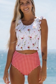 Ruffle Shouler Flower& Lattice Print Tankini Set