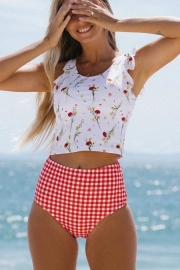Ruffle Shouler Flower& Lattice Print Tankini Set