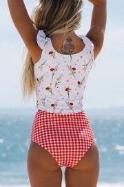 Ruffle Shouler Flower& Lattice Print Tankini Set