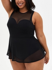 BLACK MESH UNDERWIRE PEPLUM SHORT ONE-PIECE SWIM DRESS
