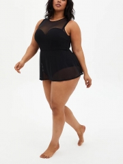 BLACK MESH UNDERWIRE PEPLUM SHORT ONE-PIECE SWIM DRESS
